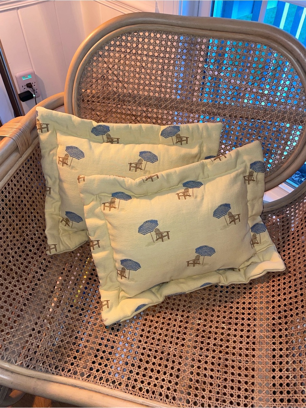 Coastal Decor Custom throw pillows Beach Chair and Umbrella Tapestry.